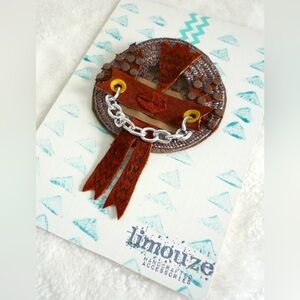 Leather + Woven Abstract Owl - Wreath Brooch Eyelet & Chain Handmade by Limouze
